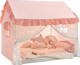 Elegant canopy bed with draped fabric and intricate design