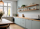 Single-wall kitchen with open shelving kitchen