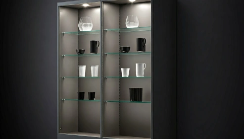 Tall display unit with shelves and transparent doors