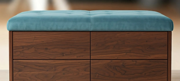 Padded ottoman that opens to reveal hidden storage space