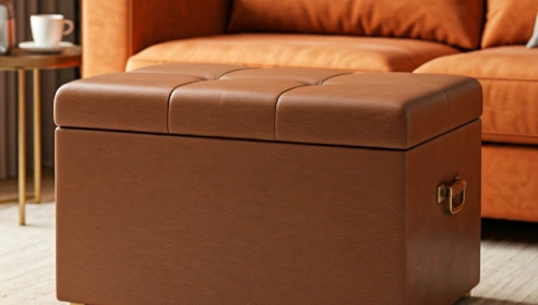 Cushioned storage ottoman made from fabric, leather, or faux materials