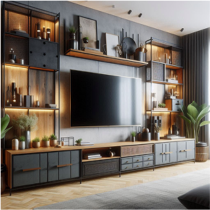 Industrial-style TV unit with metal frame and reclaimed wood shelves