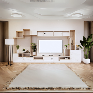 Wall-mounted TV unit with integrated storage and display shelves
