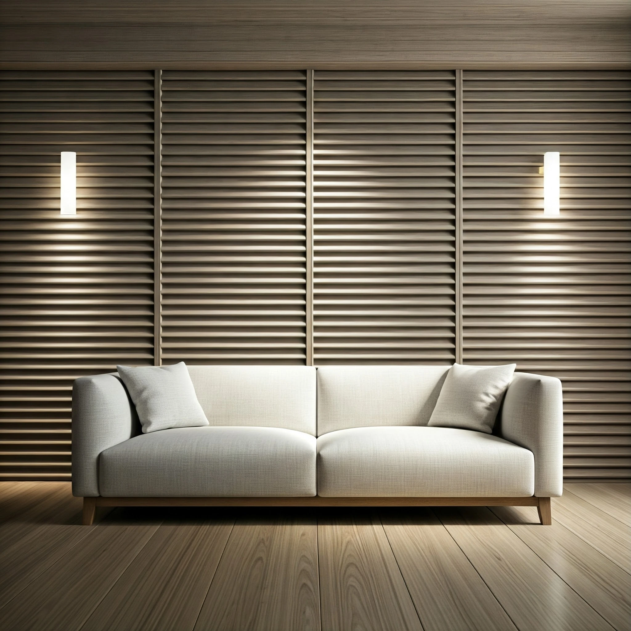 Modern wooden louvers on a wall, providing visual interest