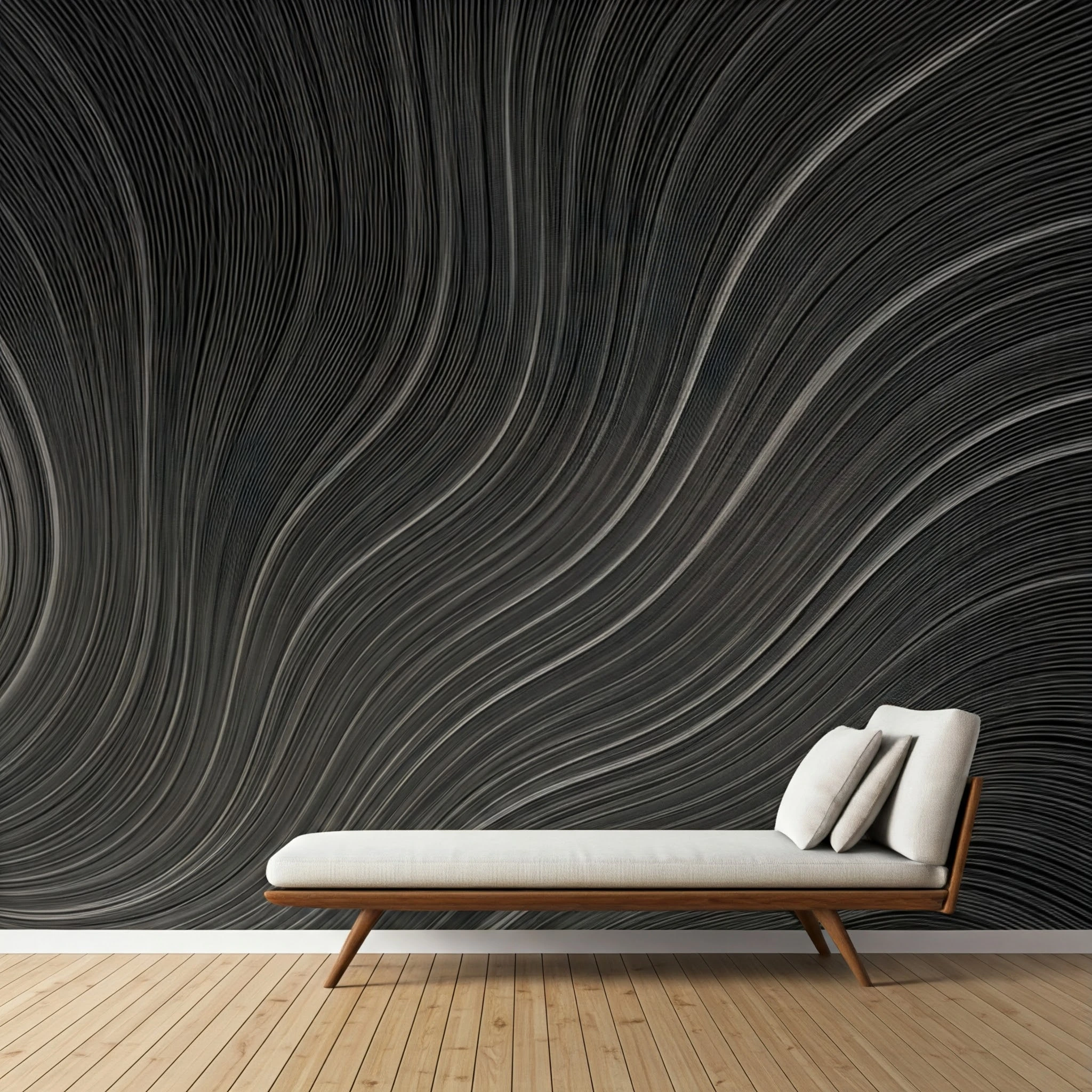 Patterned wallpaper applied to a living room wall